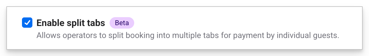Option to enable split tabs for individual guest payments in booking system settings.